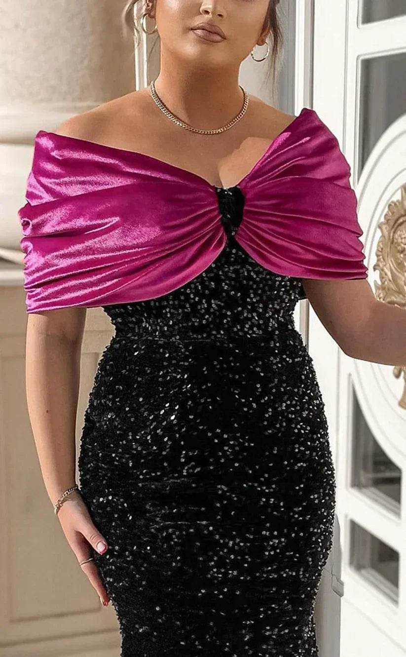 Black Sequin Prom Dresses With Fuchsia Bowknot Shoulder