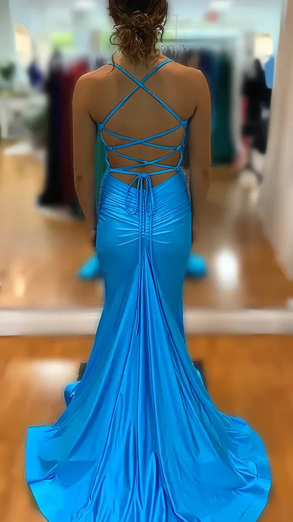 Blue Fashion Elegant V Neck Mermaid Long Sexy Slit Satin Slim Fit prom dress Evening Dress Party Dress gh3609