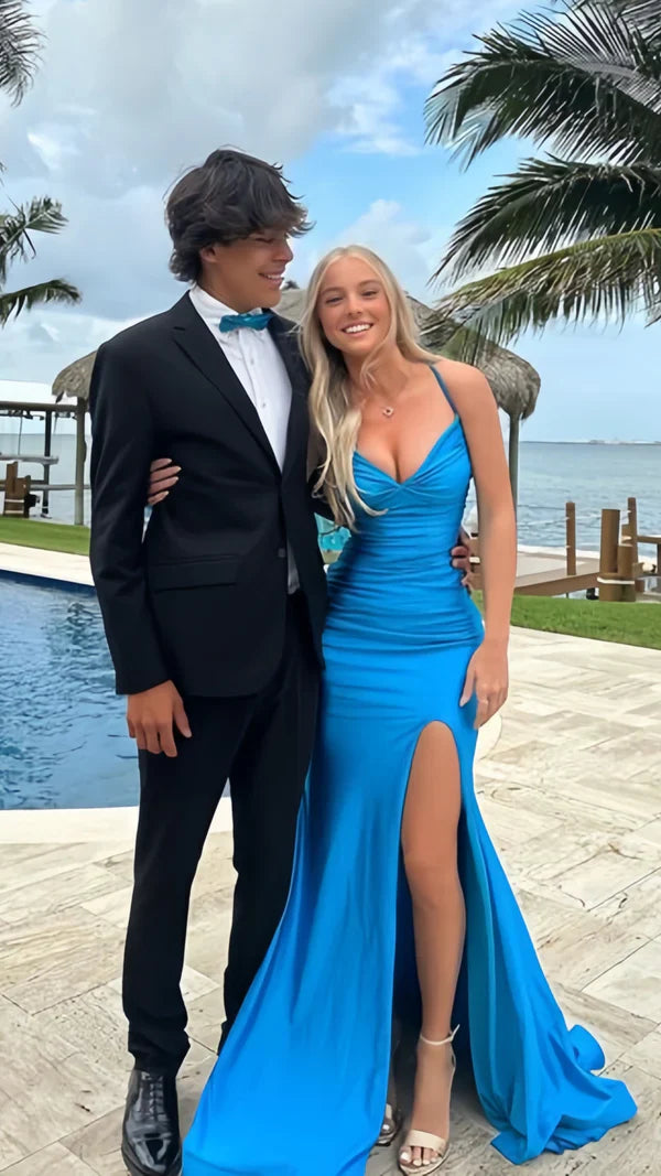 Blue Fashion Elegant V Neck Mermaid Long Sexy Slit Satin Slim Fit prom dress Evening Dress Party Dress gh3609