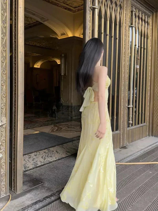 Mermaid Spaghetti Straps Yellow Chiffon Long Prom Dresses Evening Dress With Beads SH1654