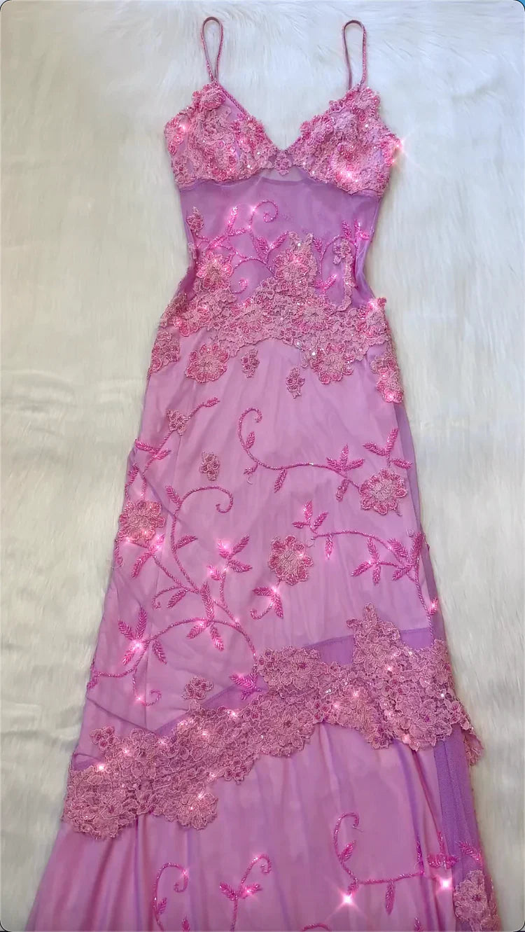 Pink Fashion Exquisite Beaded Spaghetti Strap A-Line Lace Floor Length Elegant Ball Gown Evening Dress gh3168