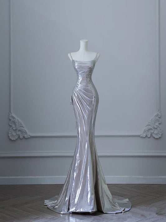 Sexy Mermaid Spaghetti Straps Silver Sequin Long Prom Dresses S3820