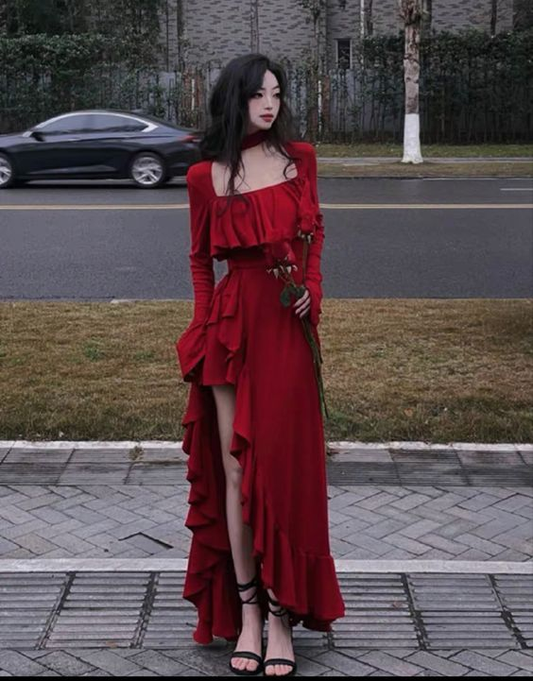 Vintage Red Prom Dress Long Irregular Evening Dress SH1329