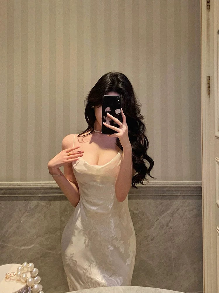 Gorgeous Mermaid Spaghetti Straps Date Night Dress Floral Ivory Satin Prom Dresses Birthday Outfit SD744