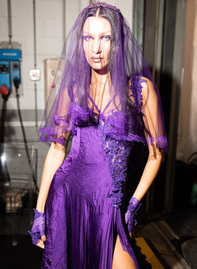 Unique A Line Spaghetti Strap Purple Lace Satin Prom Dress Evening Dress with Slit SH2263