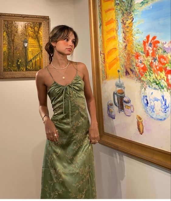 Green Vintage Printed Satin Party Dress Midi Length Formal Prom Dress SH1246