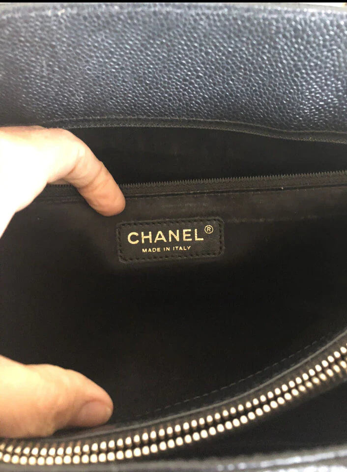 Authentic Chanel CC BlackGold Caviar Quilted Grand Shopping Tote