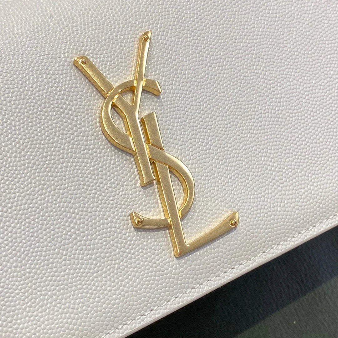 YSL Kate Small White Chain Bag In Grain De Poudre Embossed Leather 20 x 12.5 x 5 cm