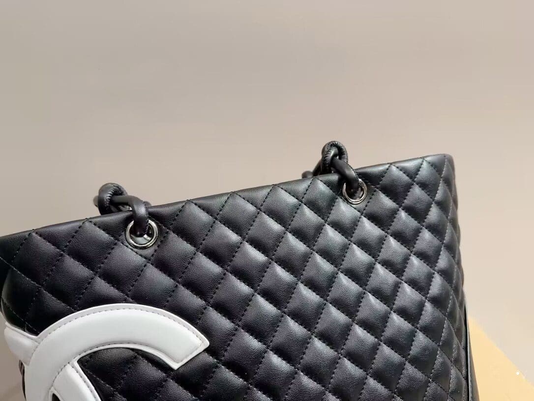 CHANEL Calfskin Quilted Large Cambon Tote Black White