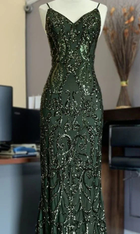 Green shiny elegant delicate beaded applique spaghetti straps long tulle mermaid slim ball gown evening dress gh3190