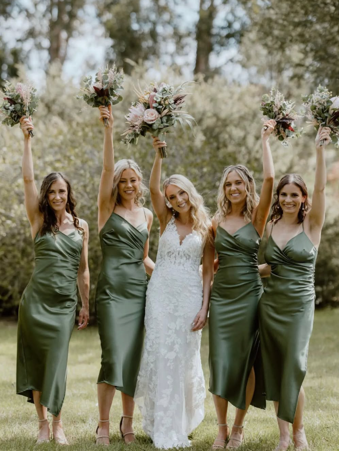 Elegant A Line Spaghetti Strap Hunter Green Satin Evening Dress Bridesmaid Dress with Slit SH2705
