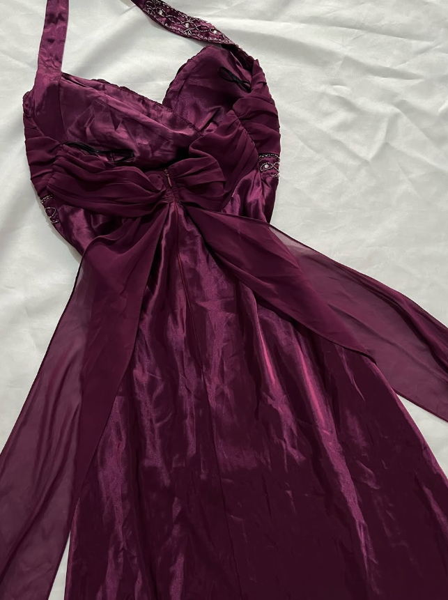 Vintage A Line Halter Beaded Purple Satin Open Back Prom Dress Graduation Prom Dress SH2585
