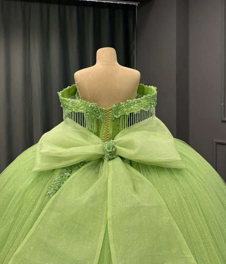 Romantic Poofy Off the Shoulder Beaded Green Tulle Ball Gown Quinceanera Dress SH3269