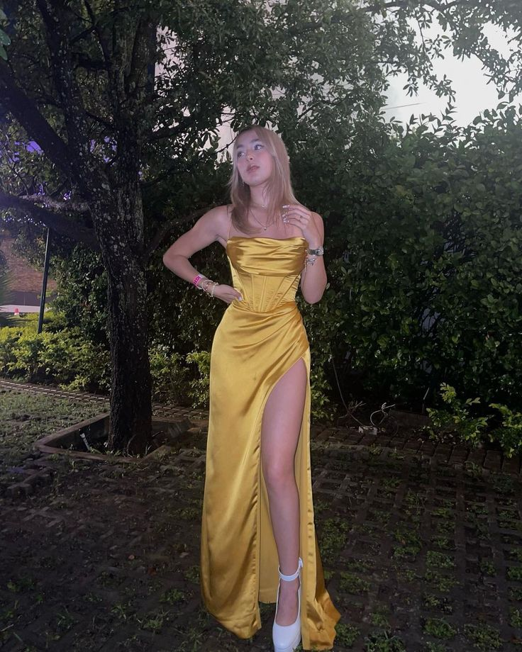 Yellow Satin Spaghetti Straps Slit Prom Dress Evening Dress SH1121