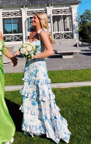 Chic Floral Ruffle Prom Dresses Long Prom Dress 20th Birthday Dress