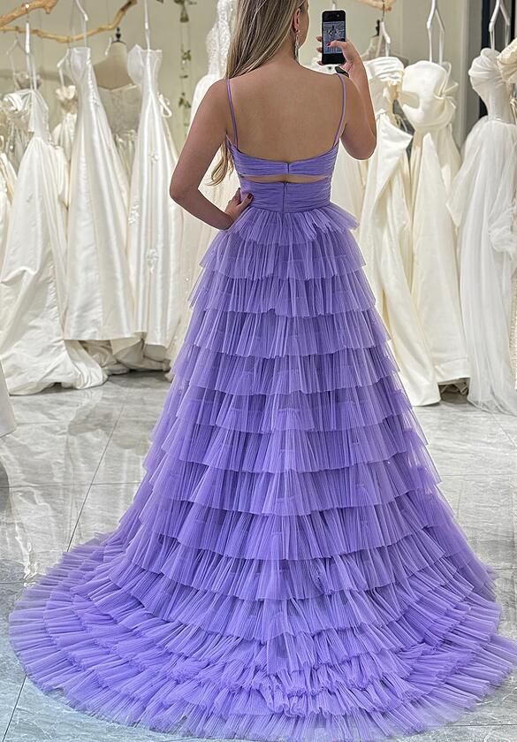 Chic Tiered Long Tulle Prom Dress with Ruffle Skirt,Spaghetti Straps Evening Gown