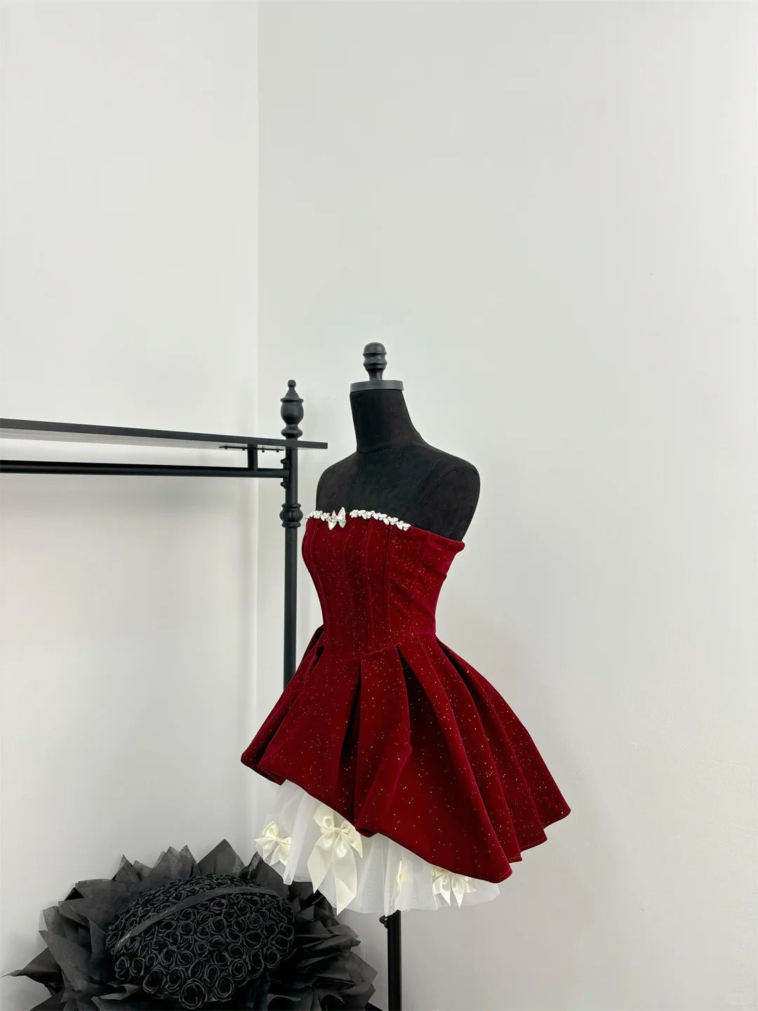 Red shiny cute sweet heavy red velvet tube top short Bow skirt homecoming dress birthday party dress holiday small dress gh3942