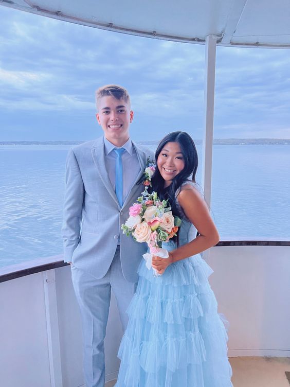 Cute Light Blue Tulle Prom Dresses Layers Semi Formal Gown