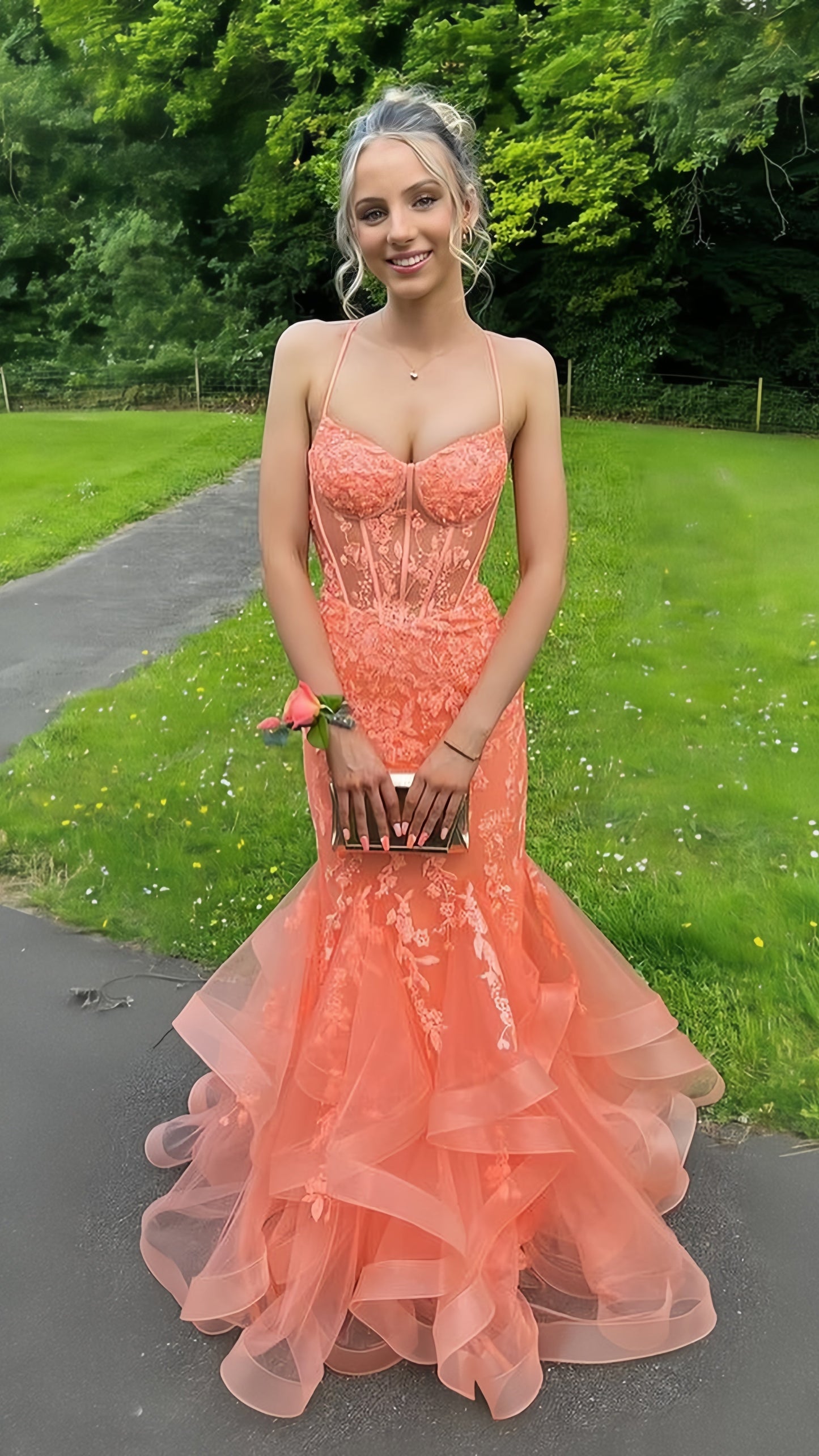 Cute Orange Applique Mermaid Prom Dress With Cross Back