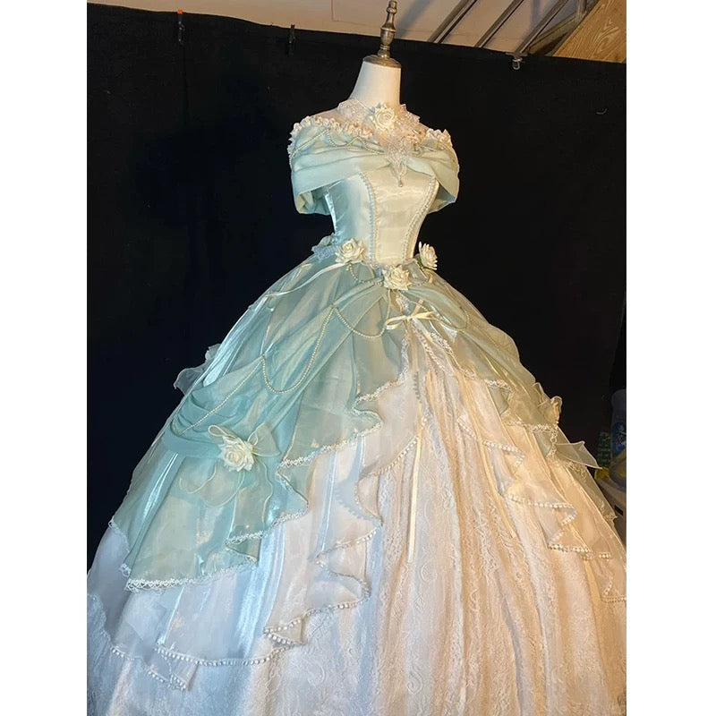 Pretty Ball Gown Sweetheart Satin Short Sleeves Long Evening Gown Prom Dresses SD1433