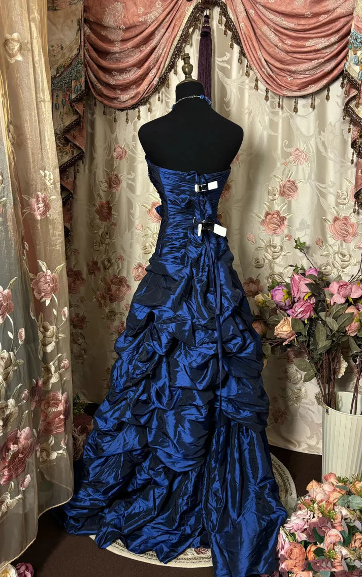 Blue vintage rhinestone embellished elegant long pleated ball gown evening dress gh3057