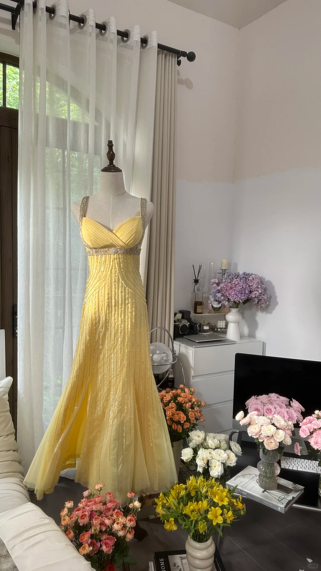 Light Yellow Gorgeous Shiny Fashion Elegant Exquisite Beaded Long Tulle Backless Fairy Ball Gown Evening Dress Birthday/Wedding Guest/Holiday Party Dress Prom Dress Valentine's Day Date Dress gh4034