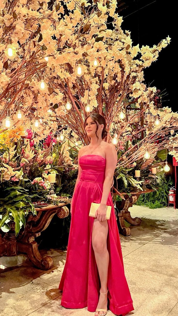 Elegant A Line Strapless Hot Pink Satin Long Prom Dresses Party Dress Summer 20th Birthday Outfits 18th Birthday Dresses DH1033