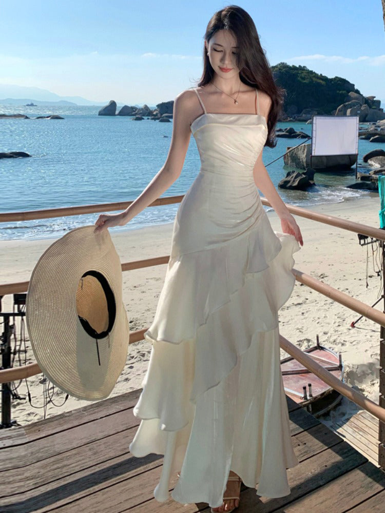 Elegant Mermaid Spaghetti Straps White Satin Long Prom Dresses Party Dress Summer 22th Birthday Outfits 18th Birthday Dresses DH1051