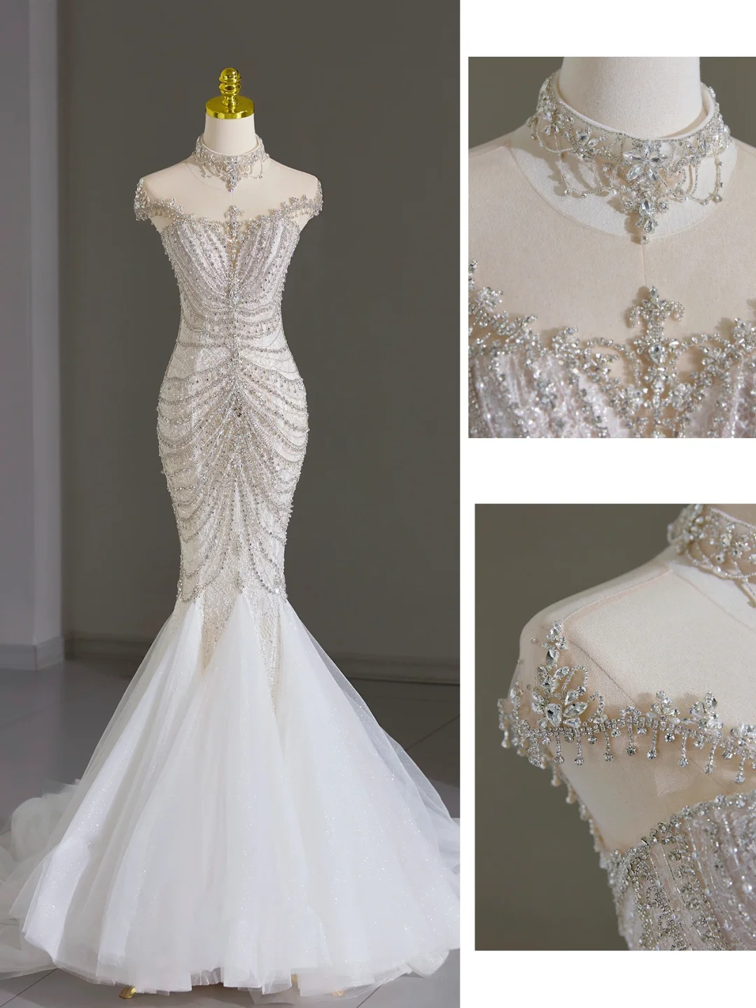 Modest Bridal Gown Mermaid Scoop Neck Cap Sleeves Tulle Silver Beads Long White Wedding Dresses Elegant Bridal Gowns DH1123