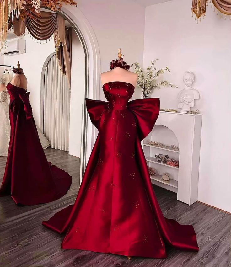 Elegant Mermaid Strapless Burgundy Satin Long Prom Dresses Party Dress Summer 20th Birthday Outfits 18th Birthday Dress Inspo For Teens DH130