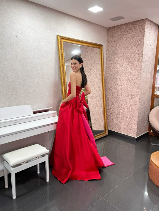 Sexy A line Strapless Red Long Prom Dresses Party Dress 20th Birthday Outfits Graduation Dresses DH132