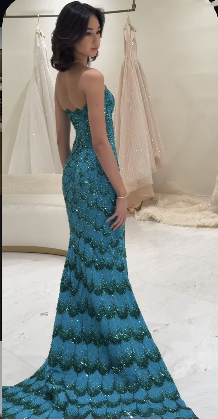 Elegant Sheath Strapless Blue Sequin Prom Dresses Party Dress Summer 22th Birthday Outfits 18th Birthday Dresses DH1584
