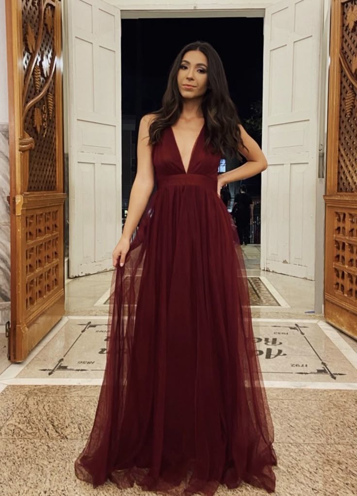Glamorous A line V Neck Tulle Burgundy Long Evening Party Gowns Evening Special Formal Dresses Prom Dress DH189