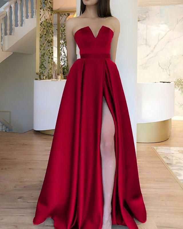 Simple A line Strapless Sleeveless Red Slit Long Evening Party Gowns Evening Special Formal Dresses Prom Dress DH205