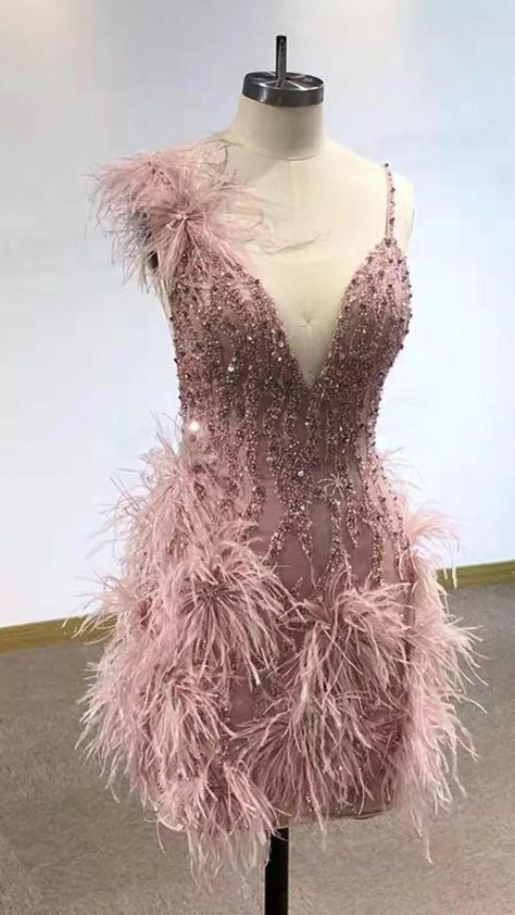 Aesthetic Sheath Straps Pink Tight Mini Feathers Formal Homecoming Dress Short Cocktail Outfits Graduation Dress Hoco Dress DH2163