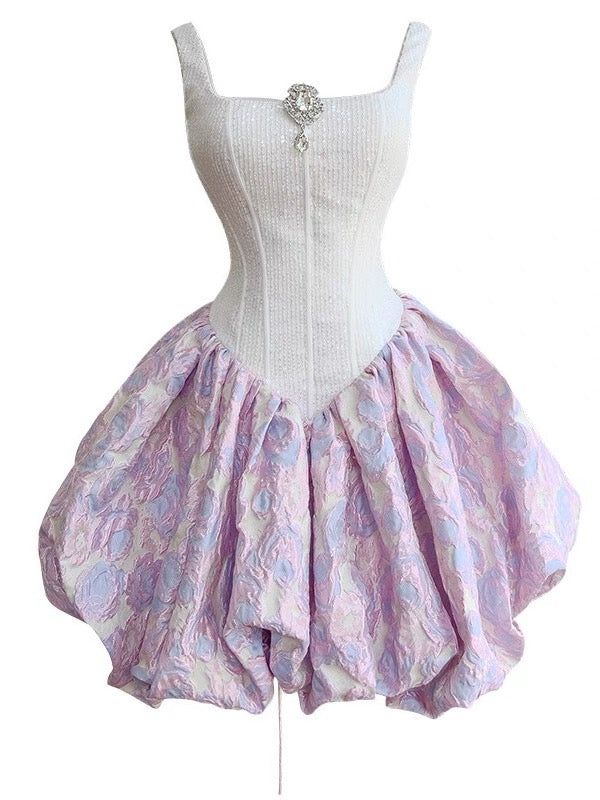 Pretty Ball Gown Square Neck Lilac Floral Printed Pattern Satin Formal Homecoming Dress Middle School Short 21st Birthday Outfits Graduation Dress Mini Cocktail Dresses DH2185