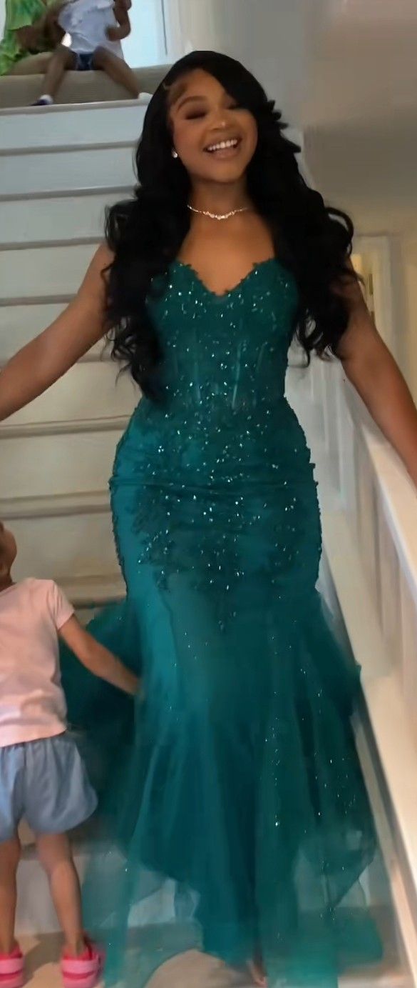 Modest Mermaid Spaghetti Straps Green Tulle Lace Long Black Girl Green Evening Party Gowns Evening Dress Special Formal Dresses Prom Dresses DH2359