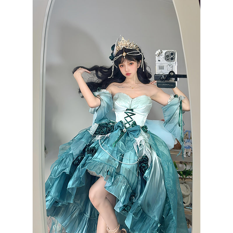 Vintage Ball Gown Spaghetti Straps Chiffon Green Summer 18th Birthday Dress High Low Ombre Pink Lolita Dress 18th Birthday Outfits DH2424