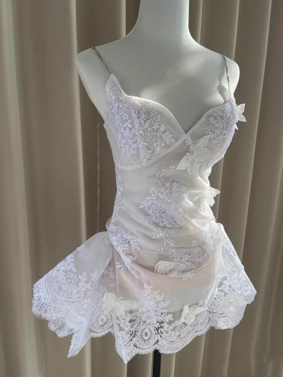 Pretty A line Spaghetti Straps White Lace Formal Homecoming Dresses Short 16th Birthday Outfits Graduation Dress Mini Cocktail Dresses DH2464