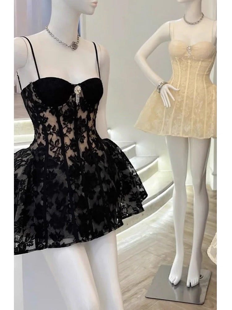 Cute Ball Gown Spaghetti Straps Black Lace Short Formal 8th Grade Homecoming Dresses Middle School Cocktail Dress Hoco Outfits DH2626