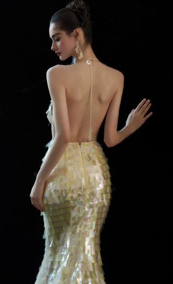 Chic Yellow Mermaid Evening Gowns V Neck Formal Dress Modest Sequin Sleeveless Long Prom Dresses DH2698