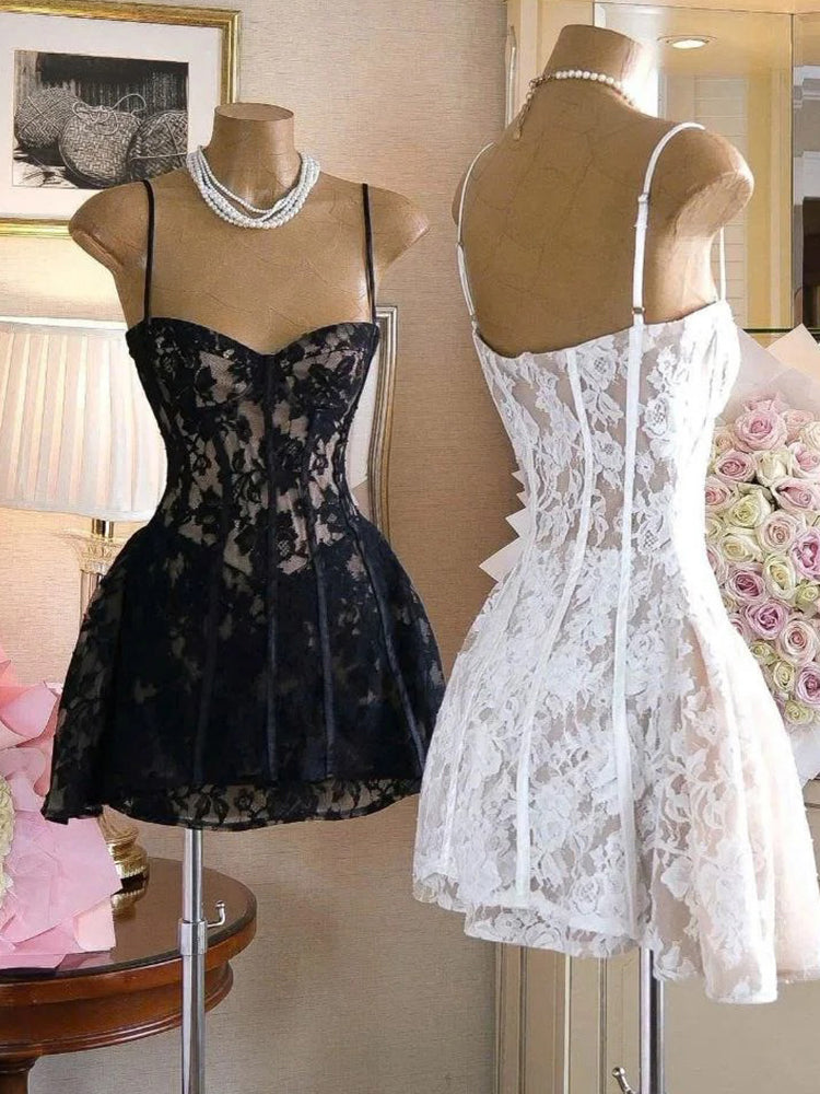 Trendy A Line Spaghetti Straps White Black Lace Mini Short Formal 8th Grade Homecoming Dresses Summer Middle School Hoco Dress Homecoming Outfits DH419