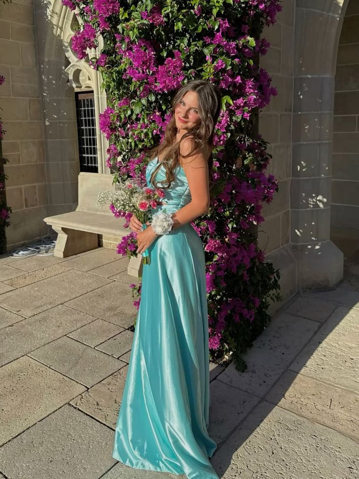 Elegant A Line Spaghetti Straps Blue Satin Long Prom Dresses Party Dress Summer 20th Birthday Outfits 18th Birthday Dresses DH474