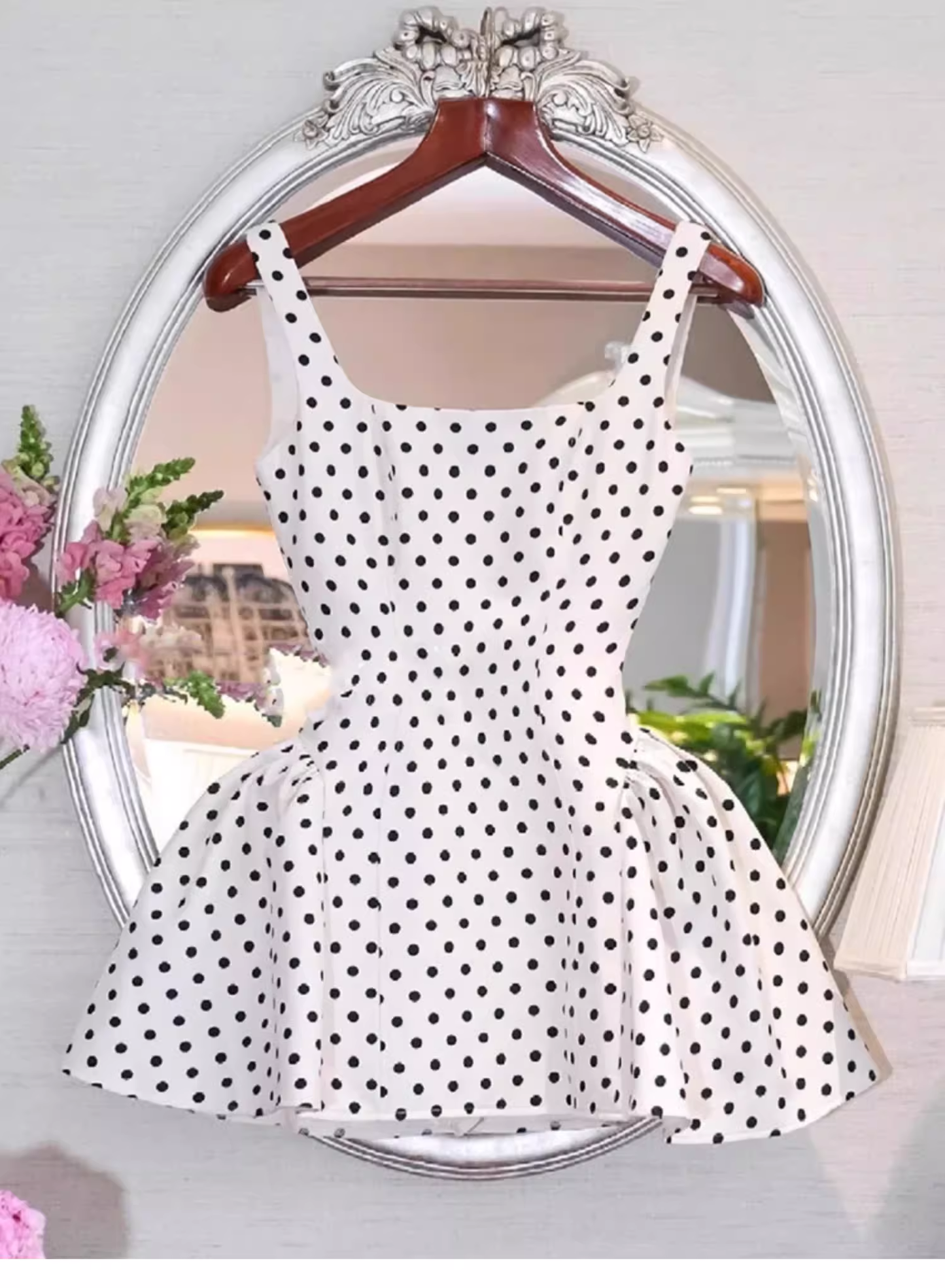 Cute A line Square Neck White Polka Dots Satin Mini Short Formal 8th Grade Homecoming Dresses Summer Middle School Hoco Dress Homecoming Outfits 25 Birthday Dress DH620