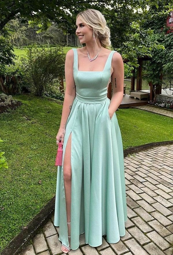 Elegant A line Square Neck Mint Green Satin Prom Dresses Party Dress Summer 20th Birthday Outfits 18th Birthday Dresses DH779