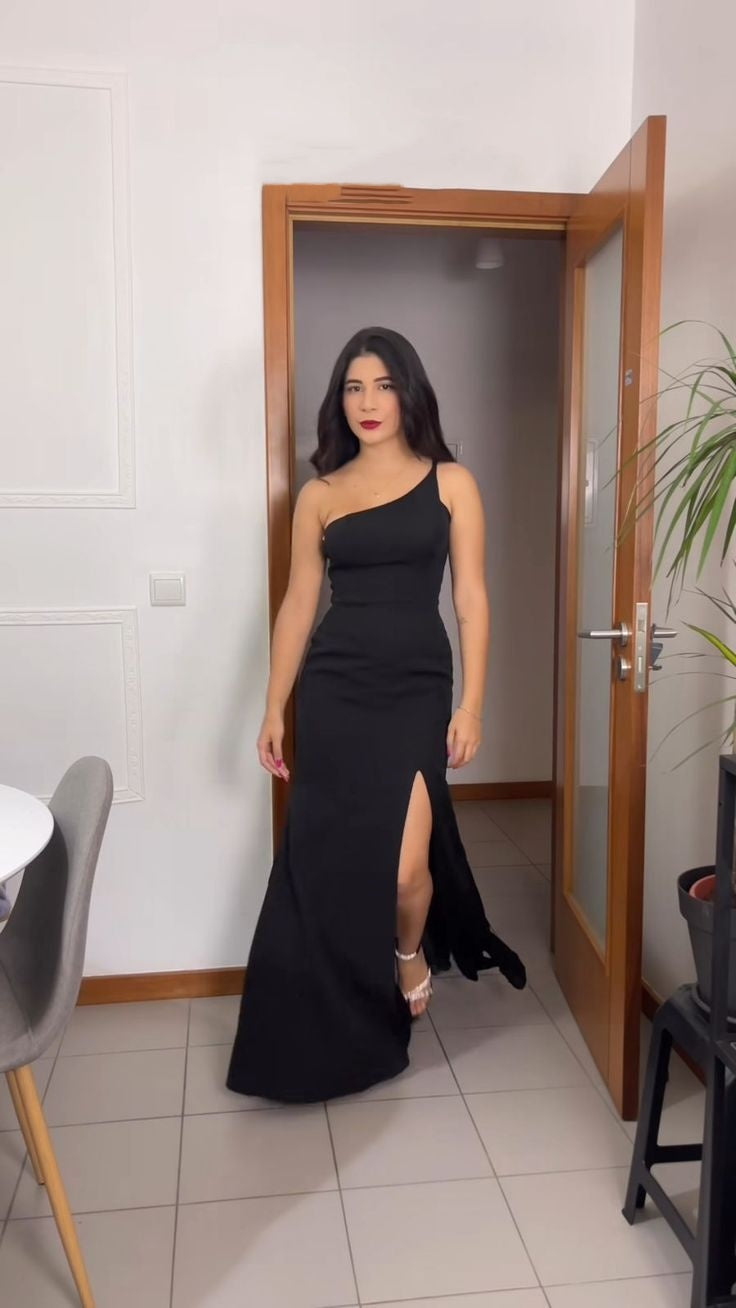 Elegant Sheath One Shoulder Black Satin Prom Dresses Party Dress Summer 20th Birthday Outfits 18th Birthday Dresses DH843