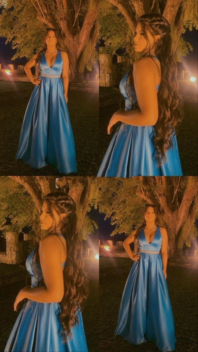 Elegant A Line 2 Pieces Blue Satin Prom Dresses Party Dress Summer 20th Birthday Outfits 18th Birthday Dresses DH844
