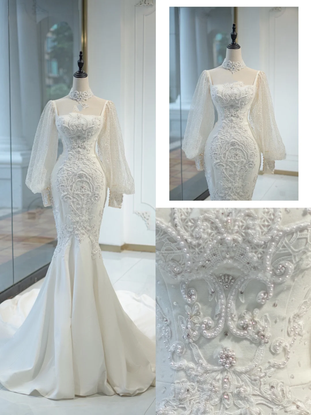 Timeless Bridal Gown Mermaid Square Neck Tulle Long Sleeves Wedding Dresses Elegant Bridal Gowns DH881