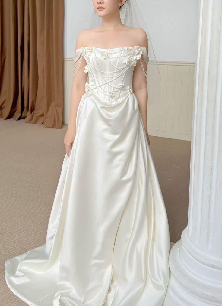 Timeless Bridal Gown A Line Off The Shoulder Satin Short Sleeves Wedding Dresses Elegant Bridal Gowns DH899