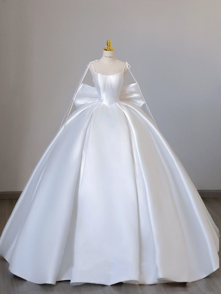 Modest Bridal Dress Ball Gown Spaghetti Straps Sleeveless Satin White Wedding Dresses Elegant Bridal Gowns DH919